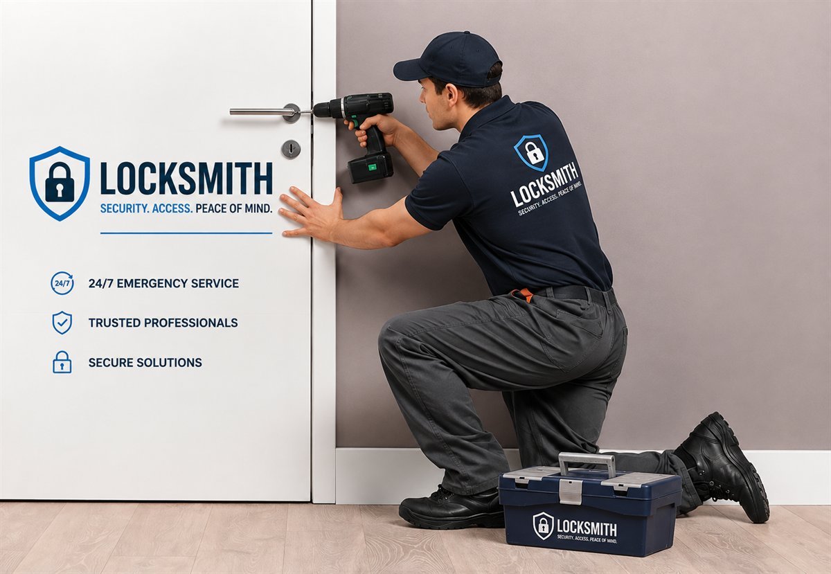 Locksmith technician installing a new lock on an interior door